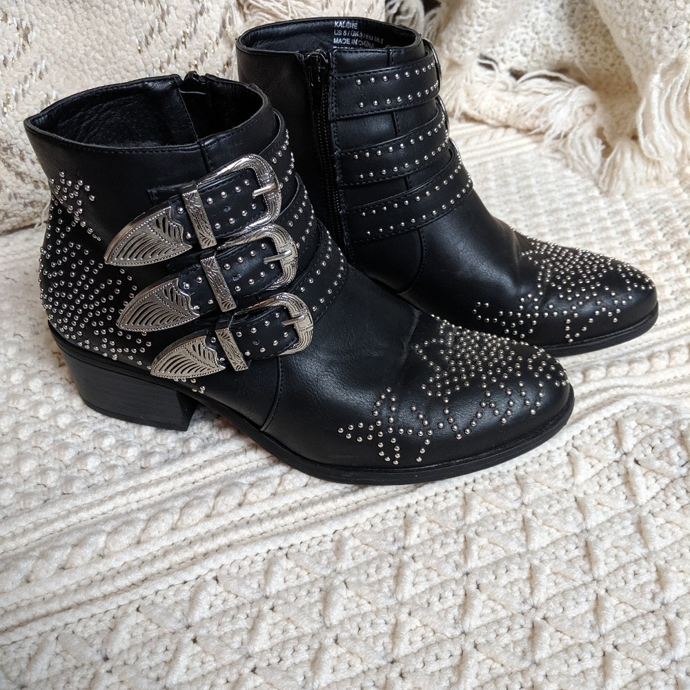 Black Studded Ankle Boots with buckles